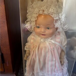 Vintage Baby Doll in Pink & White Dress 1900